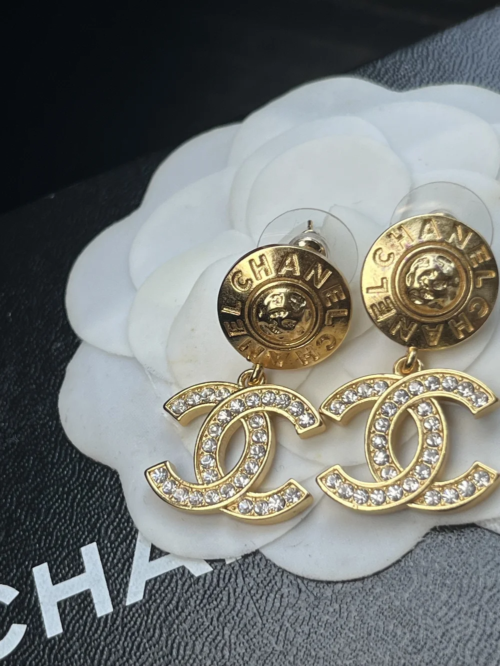 Vintage Authentic Chanel Gold Crystal CC Drop Earrings